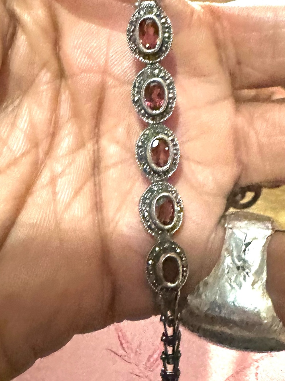 Sterling Silver Garnet Station Bracelet with marcasite  - Red 8 in